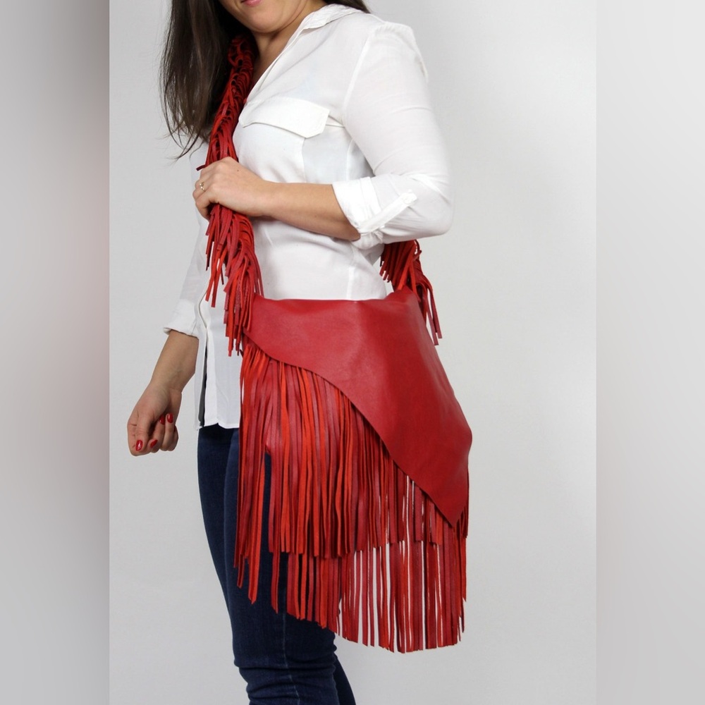 Handmade Genuine Leather Red Fringe Shoulder Crossbody Bag